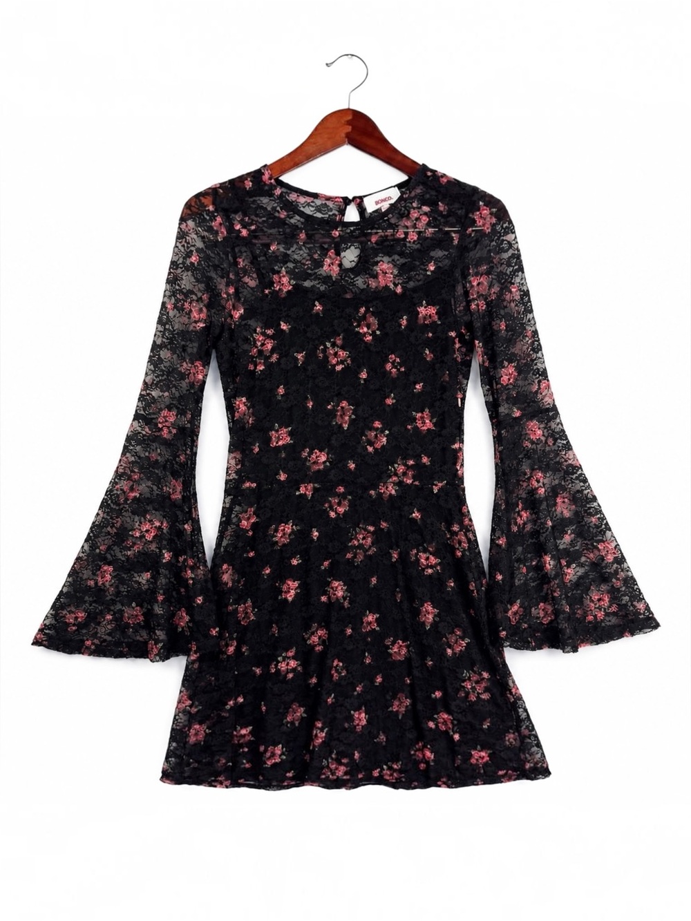 Bongo Y2K Black Floral Lace 2 Piece Bell Sleeve Mini Dress M